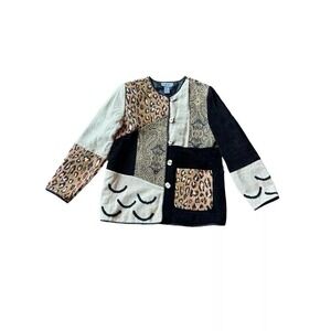 Vintage Indigo Moon Small Button Front Cardigan Sweater Mixed Media Animal Print